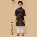 Black Printed Kids' Kurta Set, Ethnic print in rich hues of red, green, gold