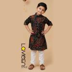 Black Printed Kids' Kurta Set, Ethnic print in rich hues of red, green, gold