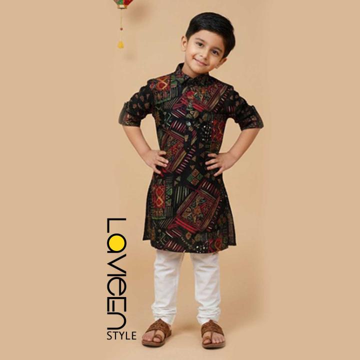 Black Printed Kids' Kurta Set, Ethnic print in rich hues of red, green, gold