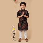 Black Printed Kids' Kurta Set, Ethnic print in rich hues of red, green, gold