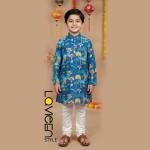 Blue Forest Printed Kids' Kurta Set, print of vibrant trees, flora, fauna