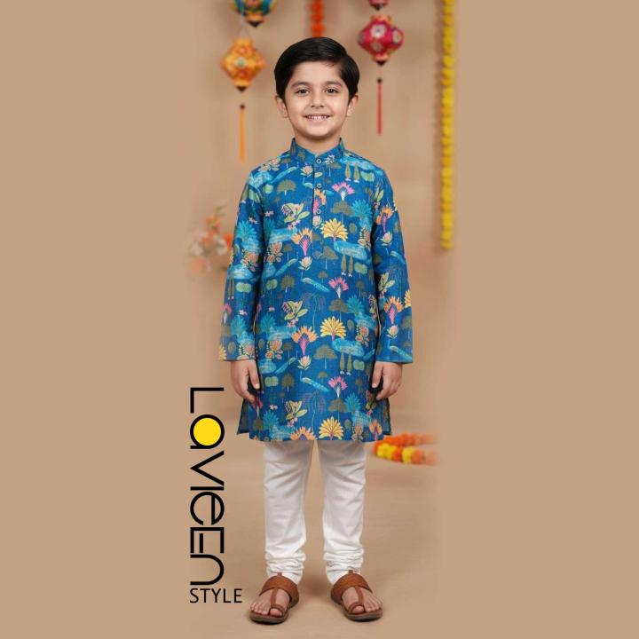 Blue Forest Printed Kids' Kurta Set, print of vibrant trees, flora, fauna