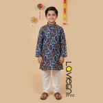 Blue Ikat Printed Kids Kurta, rich palette of blues, accented with vibrant reds and greens