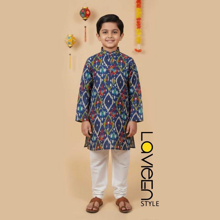 Blue Ikat Printed Kids Kurta, rich palette of blues, accented with vibrant reds and greens