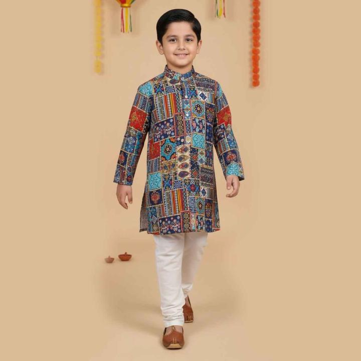Blue multi-color patchwork-inspired Kurta set