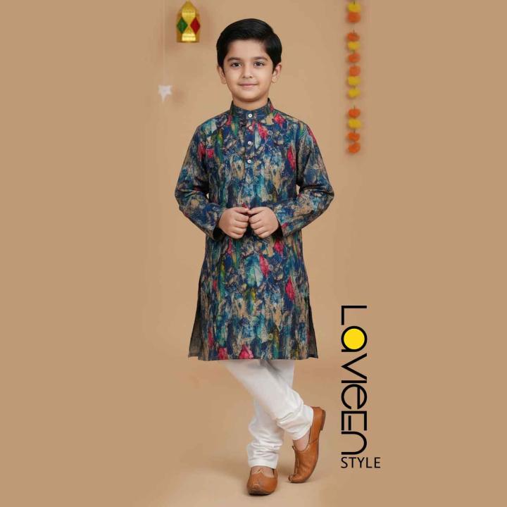 Captivating abstract print, blending rich tones traditional ethnic Kids Kurta