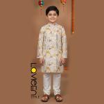 Cream Printed Kids Kurta Set, patchwork-inspired print