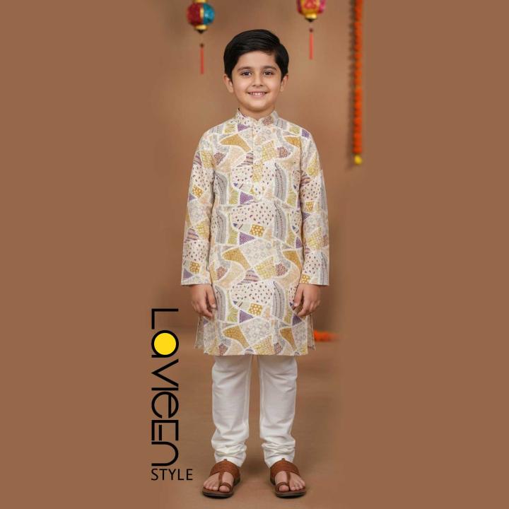 Cream Printed Kids Kurta Set, patchwork-inspired print