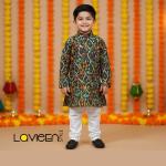 Green & Black Abstract Printed Kids Kurta