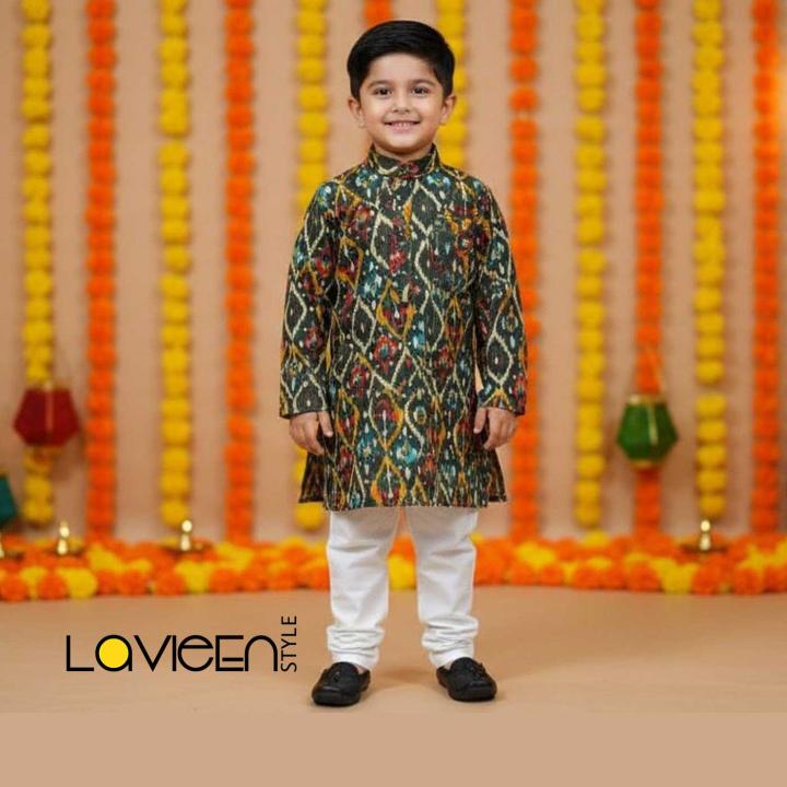 Green & Black Abstract Printed Kids Kurta