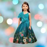 Indo-Western Lehenga Choli, Teal Blue with Multi-color Floral Prints, Premium Silk