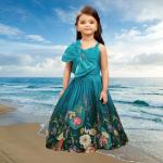 Indo-Western Lehenga Choli, Teal Blue with Multi-color Floral Prints, Premium Silk