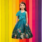 Indo-Western Lehenga Choli, Teal Blue with Multi-color Floral Prints, Premium Silk