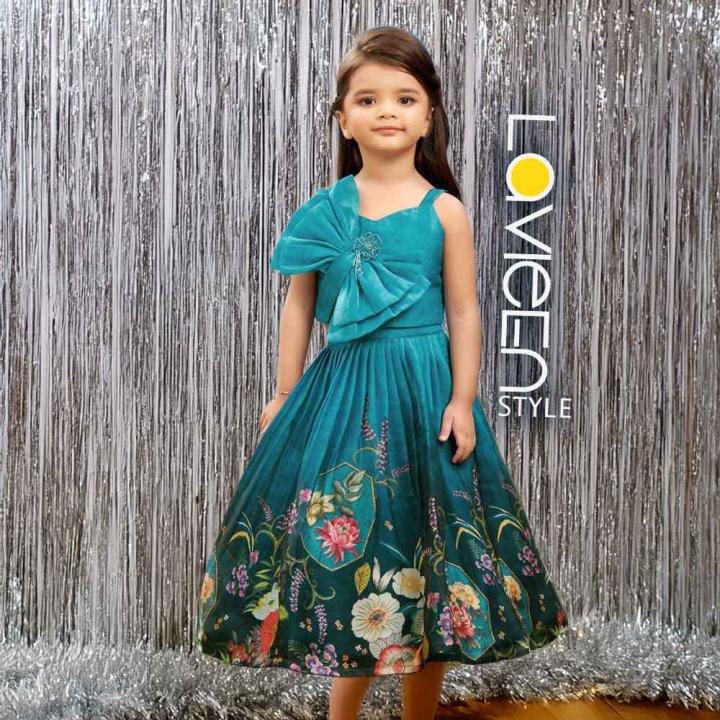 Indo-Western Lehenga Choli, Teal Blue with Multi-color Floral Prints, Premium Silk