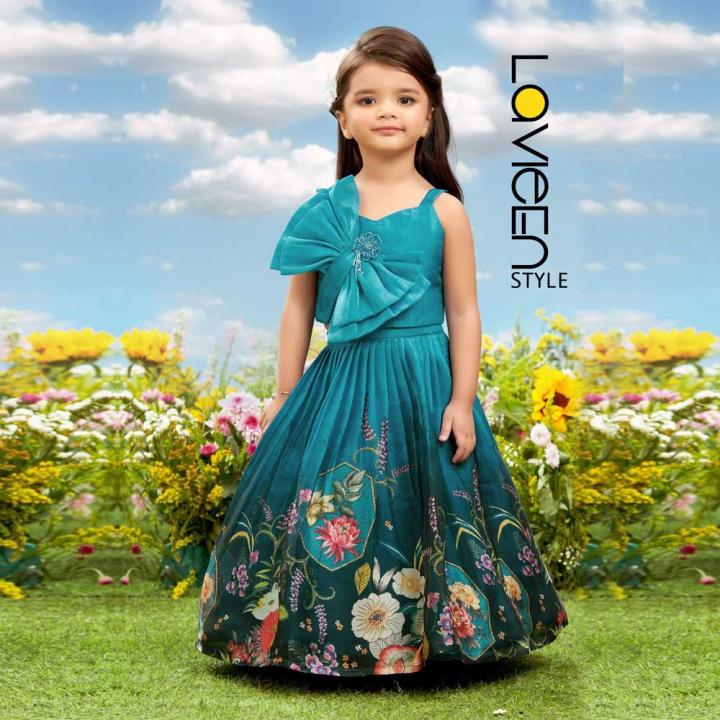 Indo-Western Lehenga Choli, Teal Blue with Multi-color Floral Prints, Premium Silk