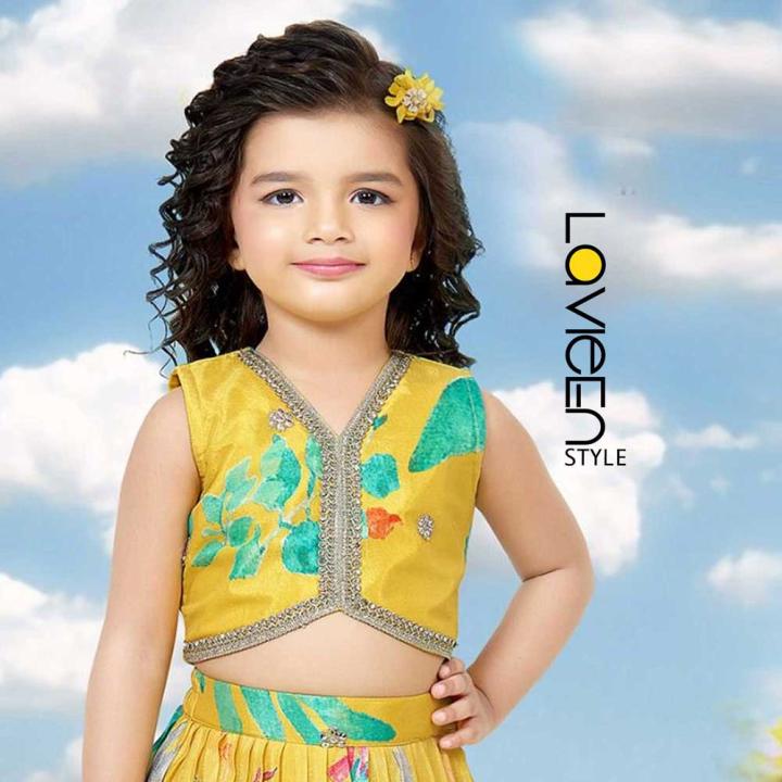 Indo-Western Lehenga Choli, Yellow with Teal and Pink Floral Accents, Premium Silk