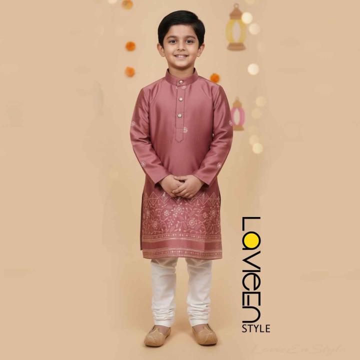 Lustrous Rosewood silk blend Kids Kurta with classic white churidar bottoms