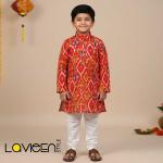 Radiant Red Ikat pattern in vibrant shades of red Printed Kids Kurta