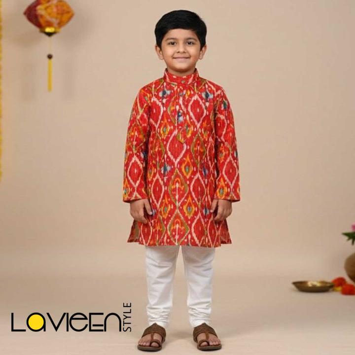 Radiant Red Ikat pattern in vibrant shades of red Printed Kids Kurta
