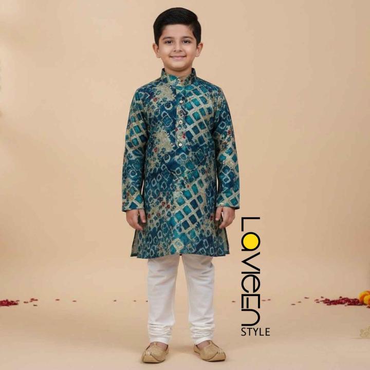 Sophisticated teal and cream abstract printed Kids Kurta