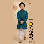Teal Rama Kids' Kurta Set with black embroidery and sequin detailing