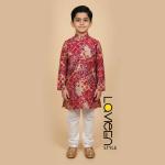 Vibrant red and maroon bandhani print on a beige base Kurta