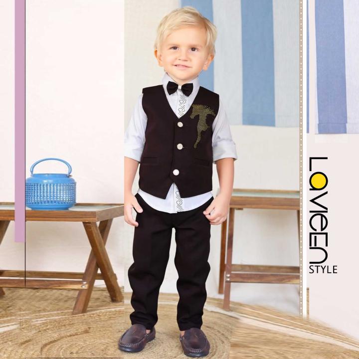 Young Gentleman’s Premium 3-Piece Formal Set with Embellished Waistcoat, Black & White